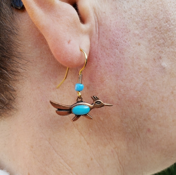 Handmade Navajo Roadrunner Copper Bell Trading Post Turquoise Old Pawn Earrings - Picture 4 of 6